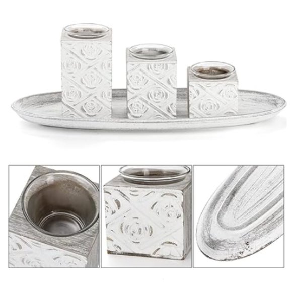 Set of 3 / 3 Sizes - Tealight / Votive Candle Holders with Wooden Stands & Tray - Picture 6 of 11